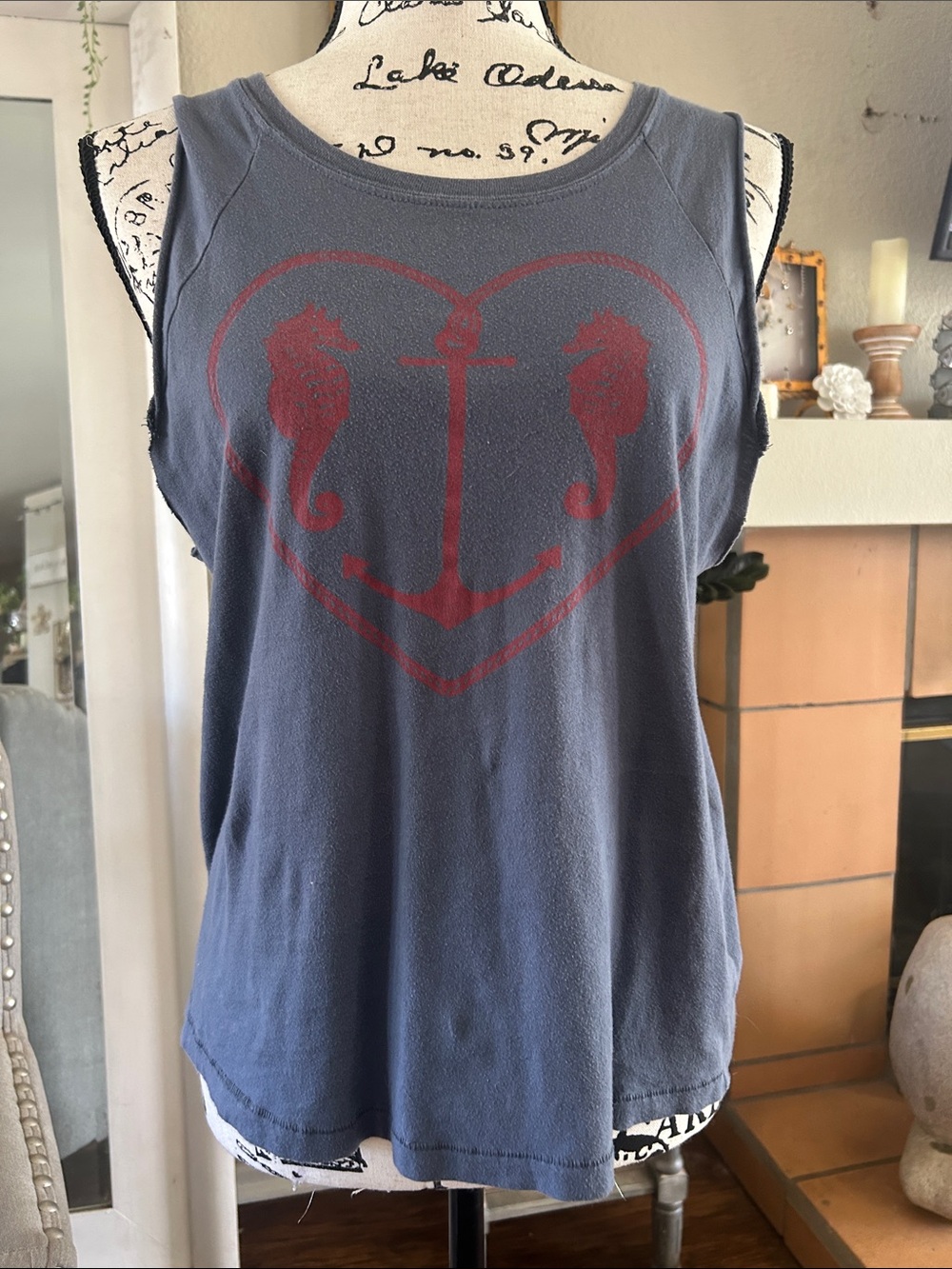Billabong Navy Tank with Red Anchor & Seahorse Heart Graphic